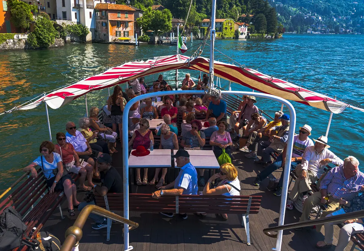 Passengers on the rear deck of a Lake Como ferry